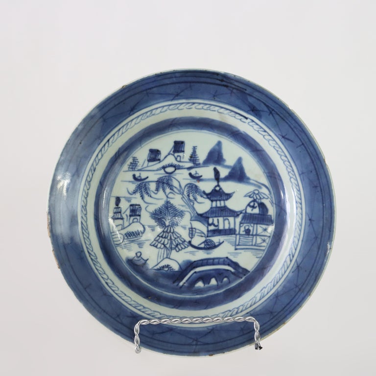 Seven Pieces Antique Canton Blue & White Porcelain Plates 19thC