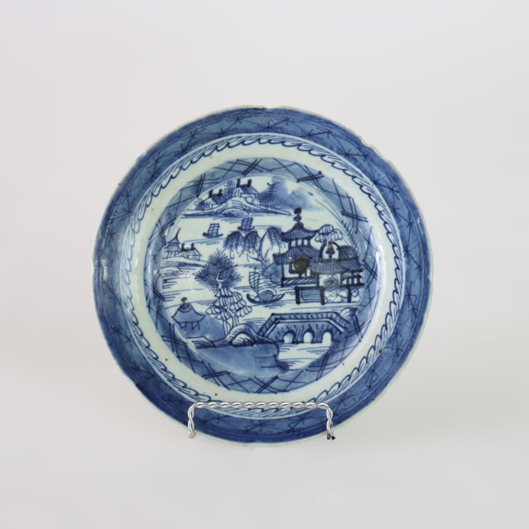 Seven Pieces Antique Canton Blue & White Porcelain Plates 19thC