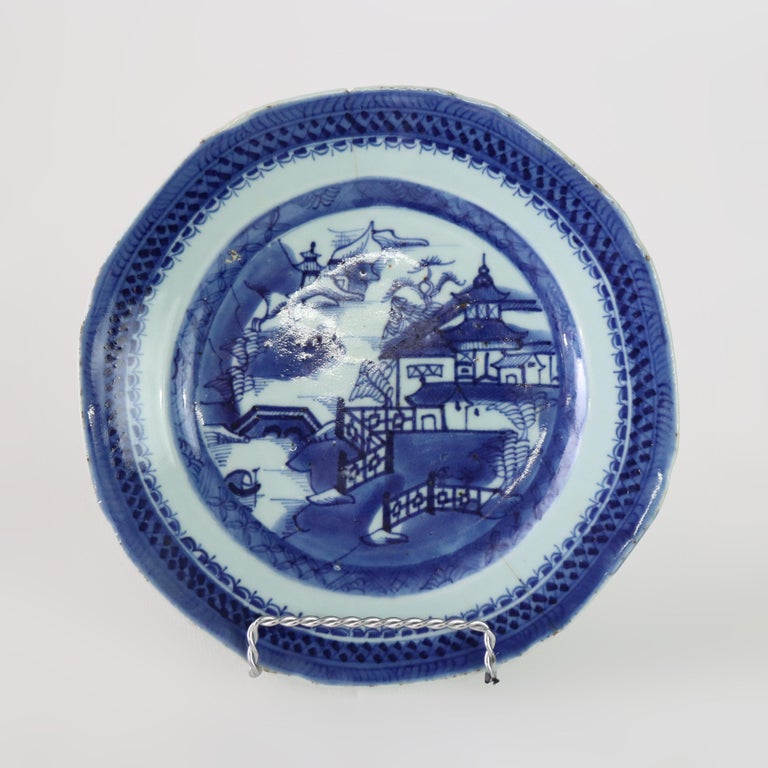 Seven Pieces Antique Canton Blue & White Porcelain Plates 19thC