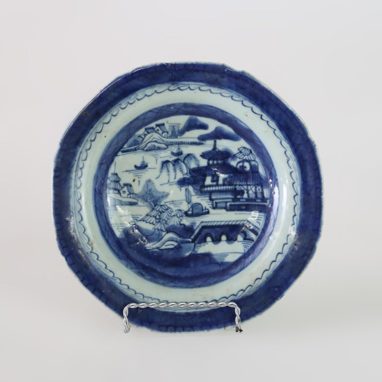 Seven Pieces Antique Canton Blue & White Porcelain Plates 19thC