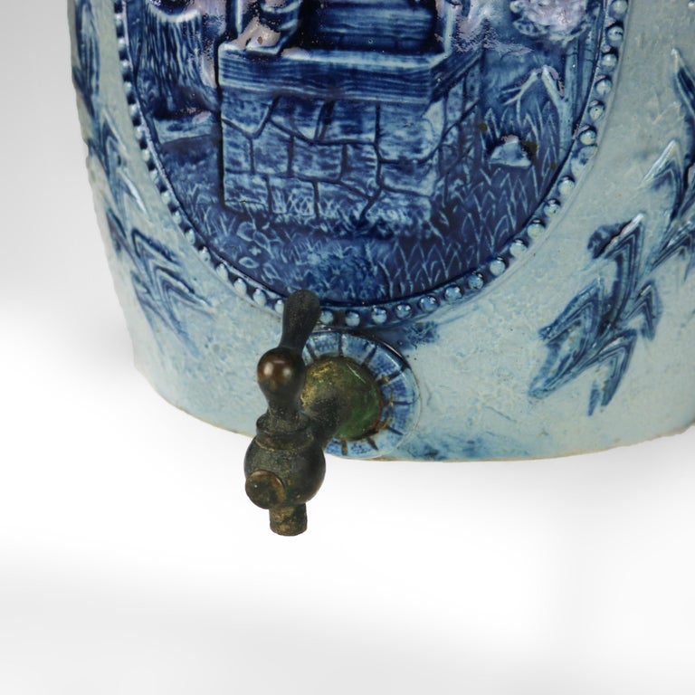 Antique Blue Salt Glazed Stoneware Water Crock with Genre Water Well Scene C1880