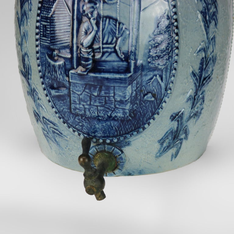 Antique Blue Salt Glazed Stoneware Water Crock with Genre Water Well Scene C1880