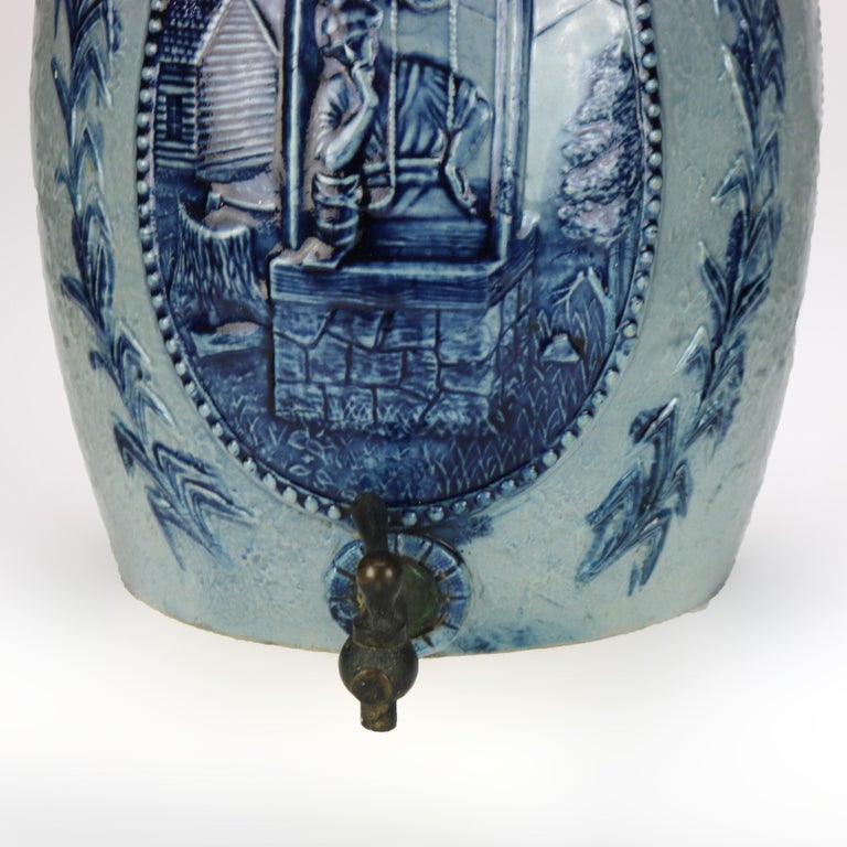 Antique Blue Salt Glazed Stoneware Water Crock with Genre Water Well Scene C1880