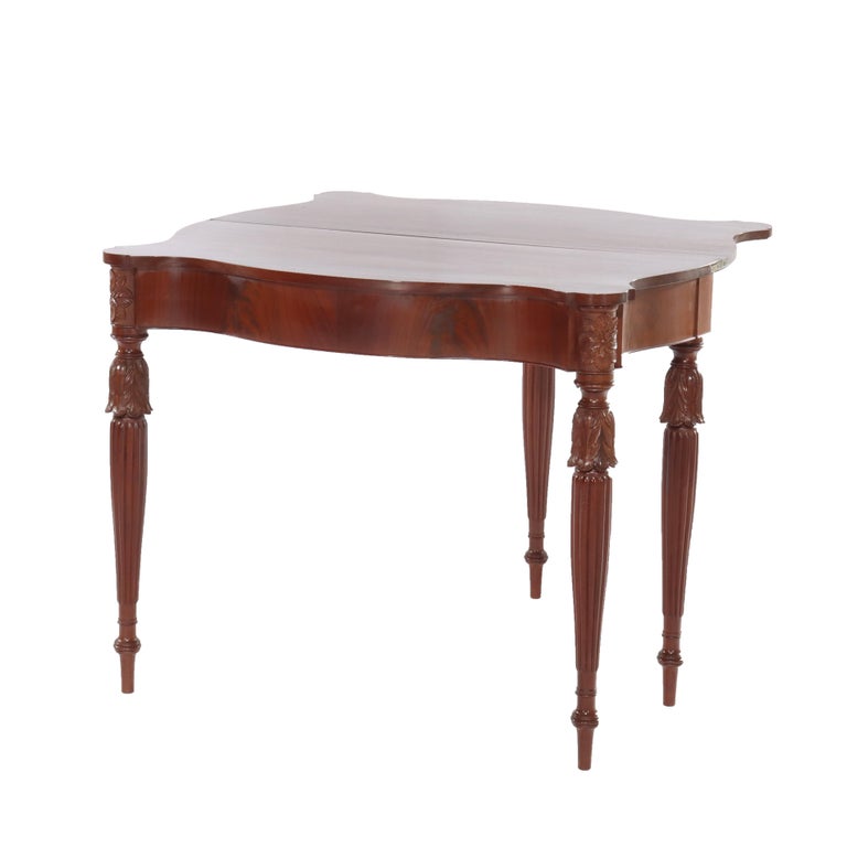 Antique Sheraton Federal Acanthus Carved Mahogany Serpentine Game Table C1830