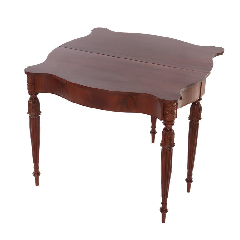 Antique Sheraton Federal Acanthus Carved Mahogany Serpentine Game Table C1830