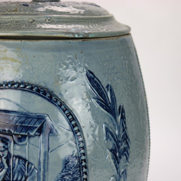Antique Blue Salt Glazed Stoneware Water Crock with Genre Water Well Scene C1880
