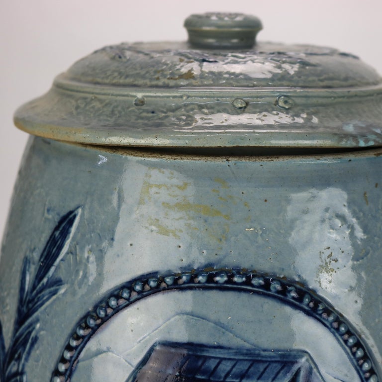 Antique Blue Salt Glazed Stoneware Water Crock with Genre Water Well Scene C1880