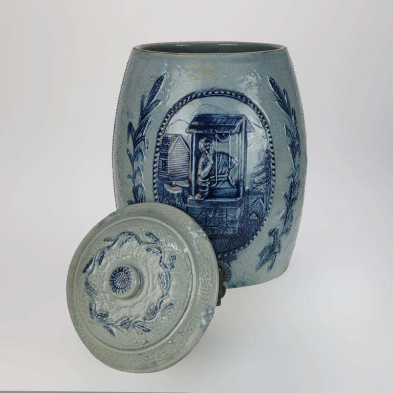 Antique Blue Salt Glazed Stoneware Water Crock with Genre Water Well Scene C1880