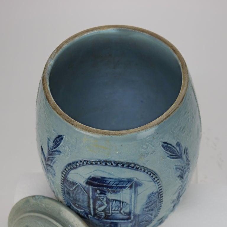 Antique Blue Salt Glazed Stoneware Water Crock with Genre Water Well Scene C1880