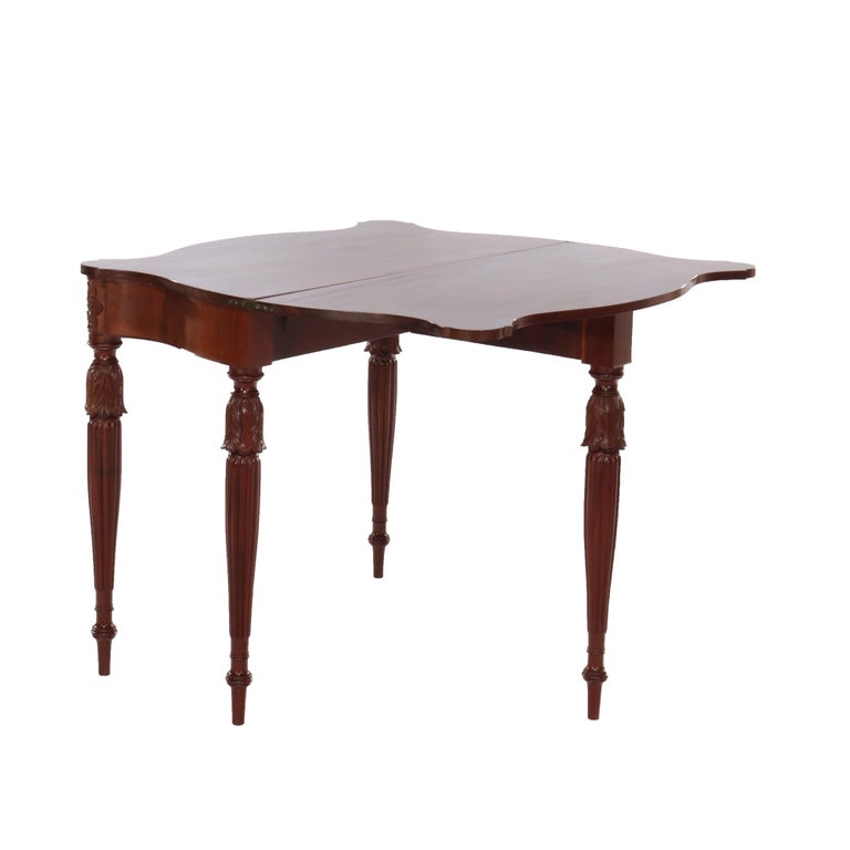 Antique Sheraton Federal Acanthus Carved Mahogany Serpentine Game Table C1830