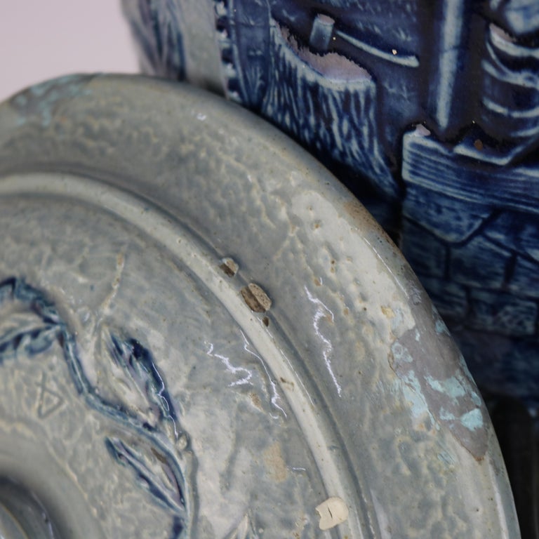 Antique Blue Salt Glazed Stoneware Water Crock with Genre Water Well Scene C1880
