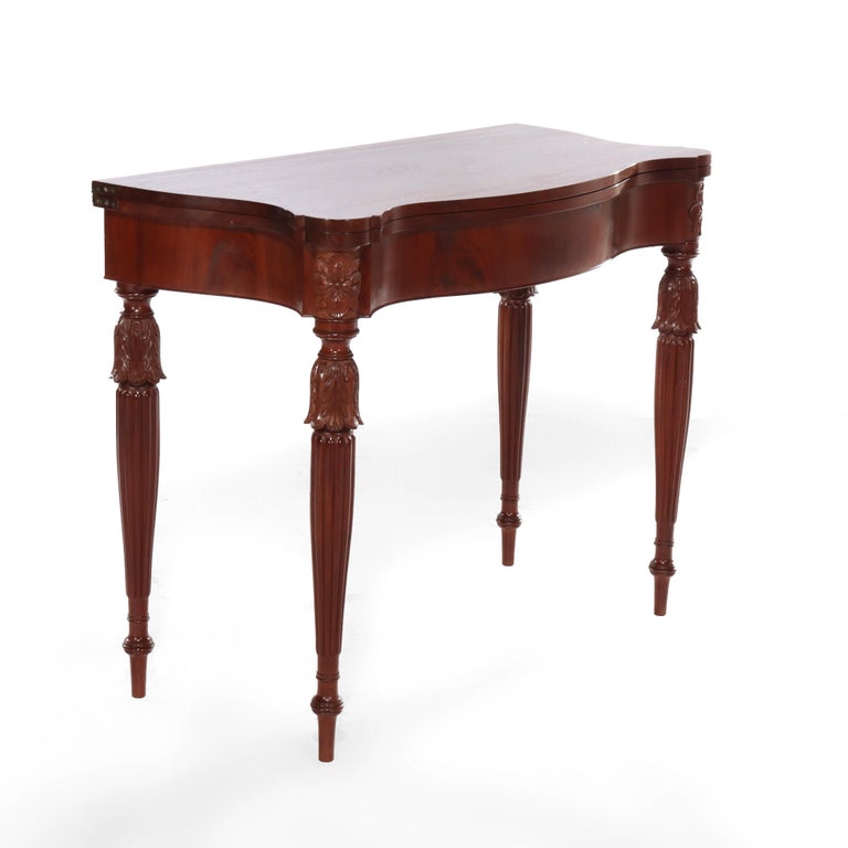 Antique Sheraton Federal Acanthus Carved Mahogany Serpentine Game Table C1830