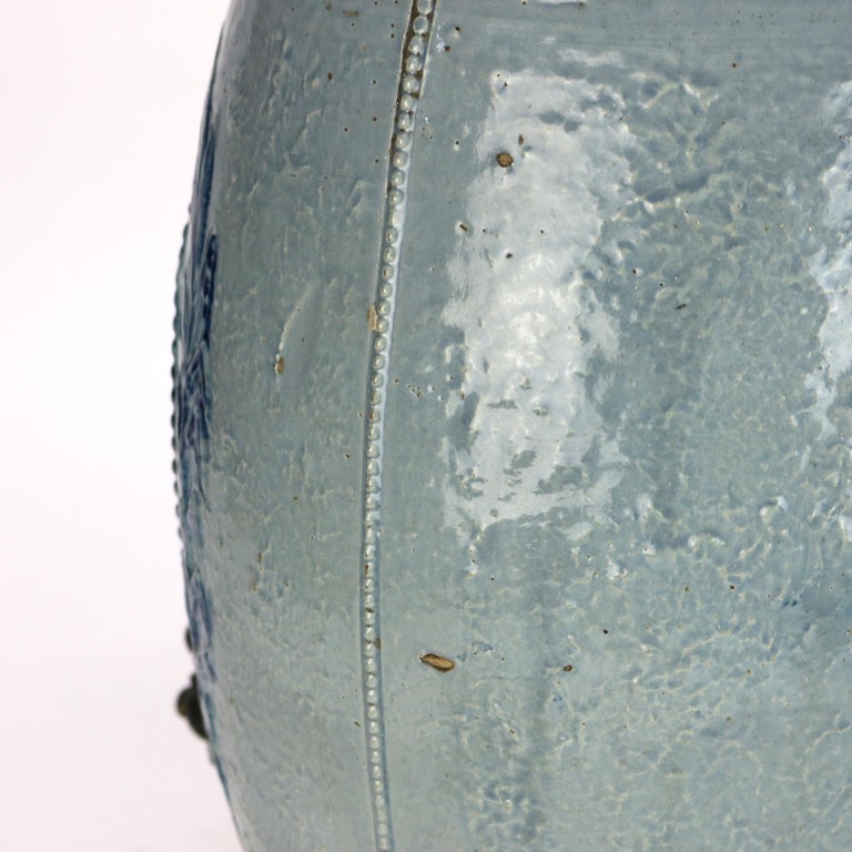 Antique Blue Salt Glazed Stoneware Water Crock with Genre Water Well Scene C1880