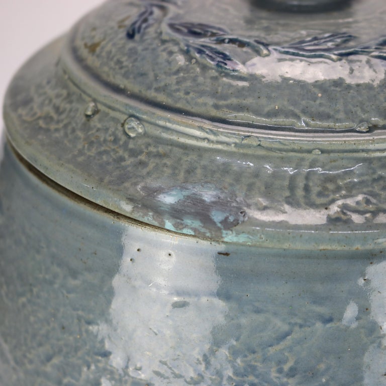 Antique Blue Salt Glazed Stoneware Water Crock with Genre Water Well Scene C1880