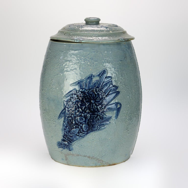 Antique Blue Salt Glazed Stoneware Water Crock with Genre Water Well Scene C1880