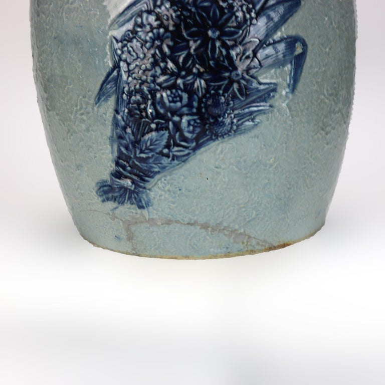Antique Blue Salt Glazed Stoneware Water Crock with Genre Water Well Scene C1880