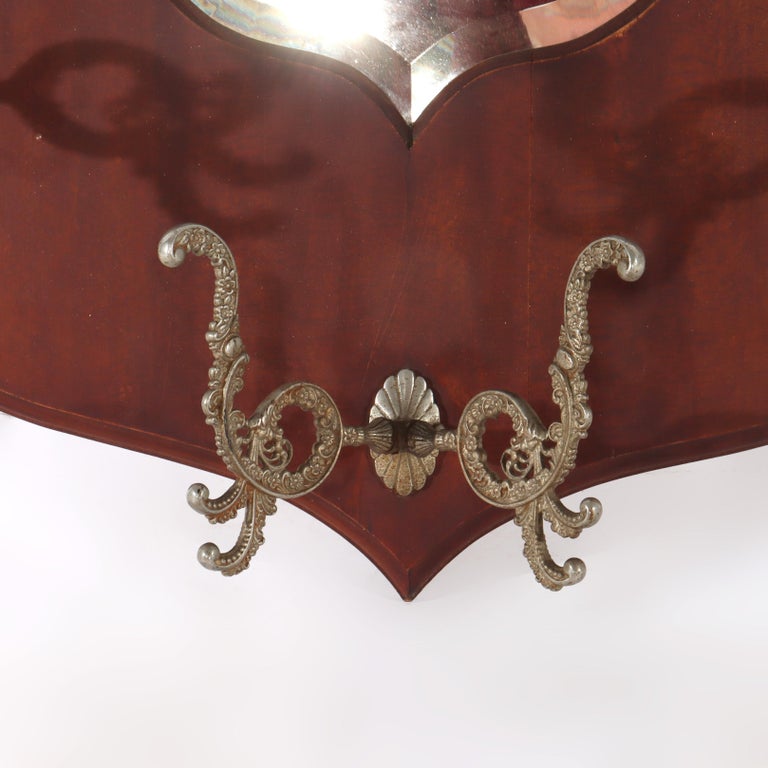Antique Shield Form Walnut Mirrored Hat Rack With Six Hooks c1890