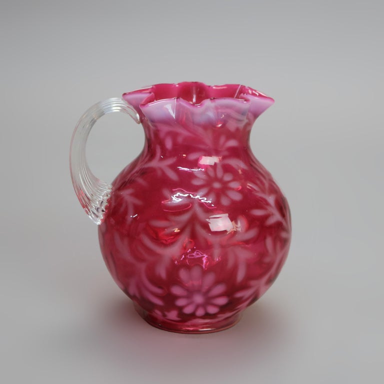 Antique Victorian Cranberry and Opalescent Glass Pitcher with Ruffled Rim C1900