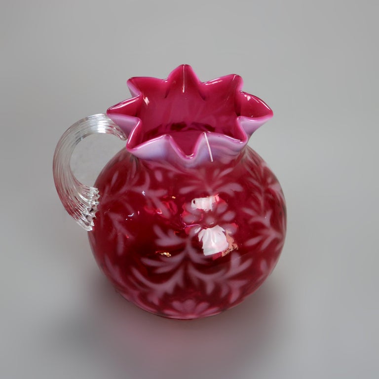 Antique Victorian Cranberry and Opalescent Glass Pitcher with Ruffled Rim C1900