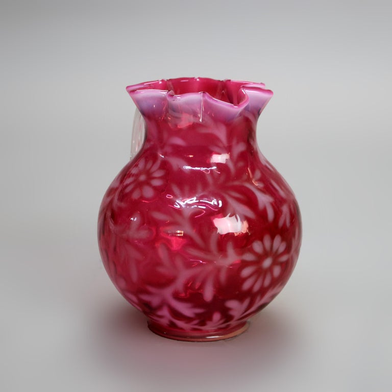 Antique Victorian Cranberry and Opalescent Glass Pitcher with Ruffled Rim C1900