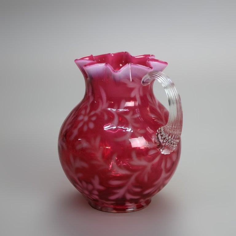 Antique Victorian Cranberry and Opalescent Glass Pitcher with Ruffled Rim C1900