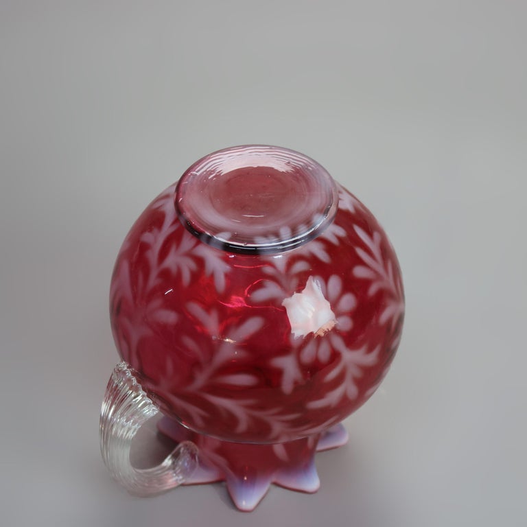 Antique Victorian Cranberry and Opalescent Glass Pitcher with Ruffled Rim C1900