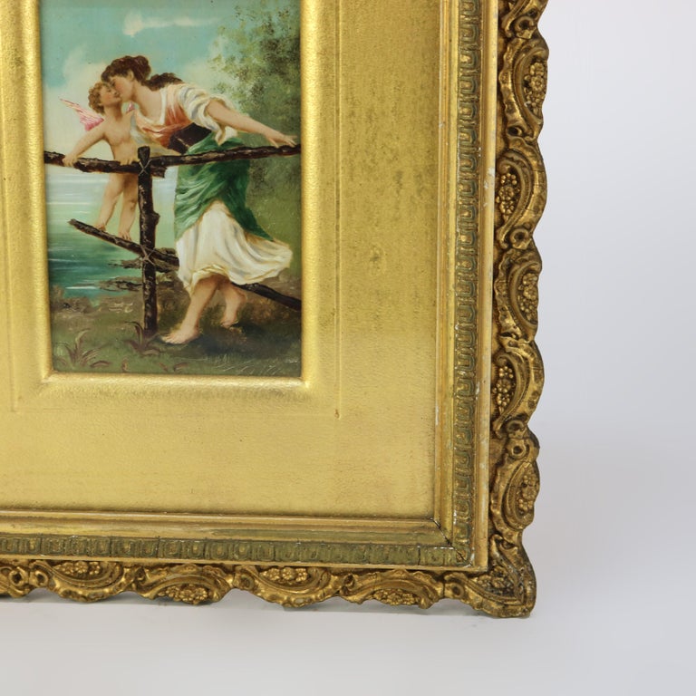 Antique Oil on Canvas Painting of Cherub & Woman in Gilt Frame C1890
