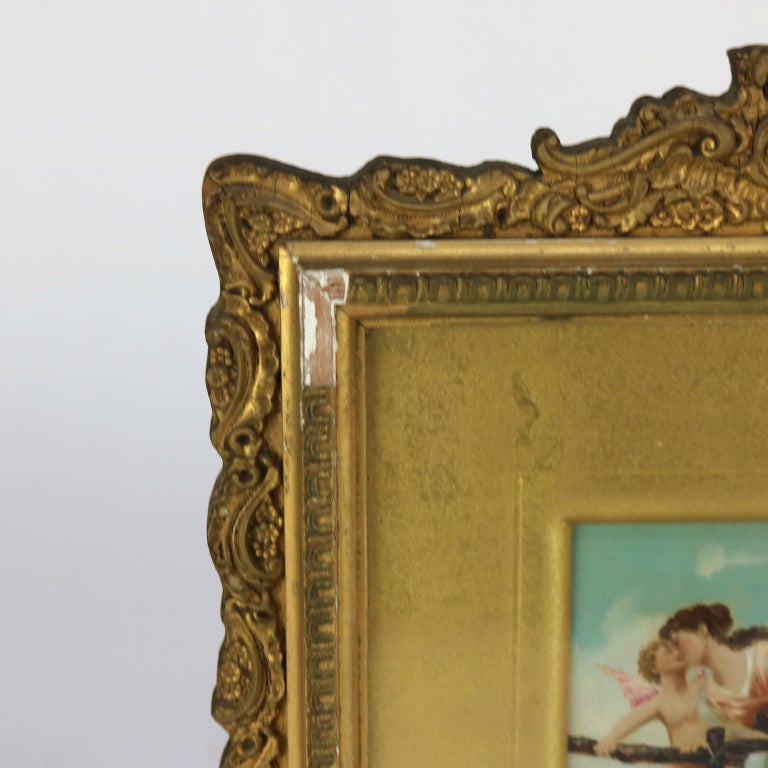 Antique Oil on Canvas Painting of Cherub & Woman in Gilt Frame C1890