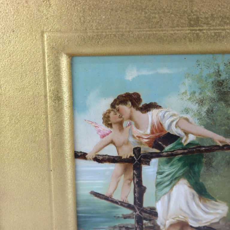Antique Oil on Canvas Painting of Cherub & Woman in Gilt Frame C1890