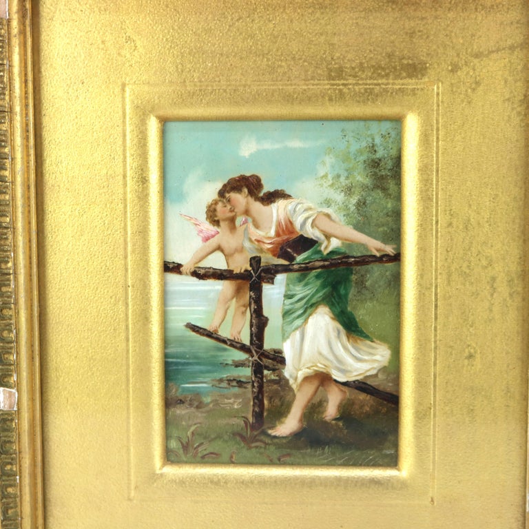 Antique Oil on Canvas Painting of Cherub & Woman in Gilt Frame C1890