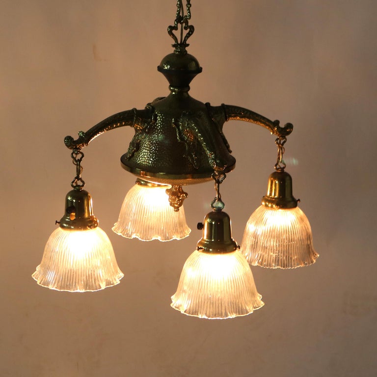 Antique Arts & Crafts Hammered Brass Chandelier with Glass Shades C1920