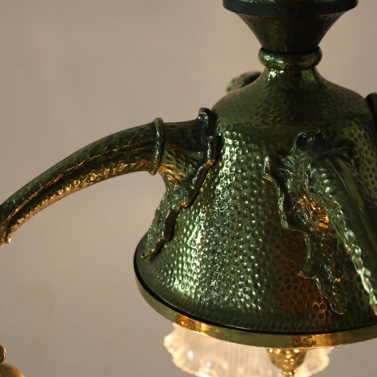 Antique Arts & Crafts Hammered Brass Chandelier with Glass Shades C1920