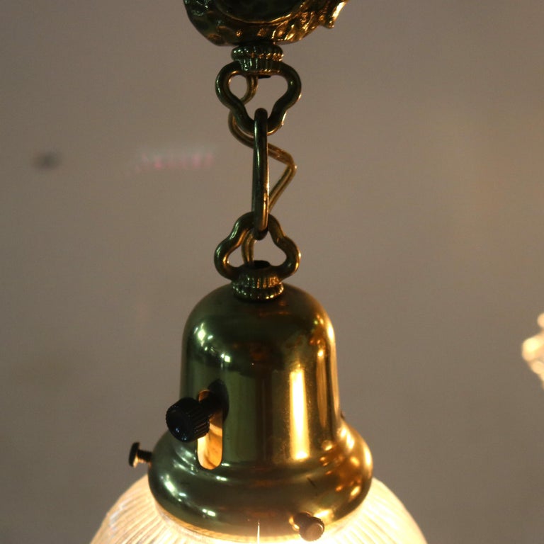Antique Arts & Crafts Hammered Brass Chandelier with Glass Shades C1920