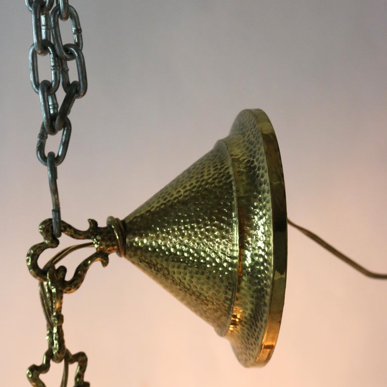 Antique Arts & Crafts Hammered Brass Chandelier with Glass Shades C1920