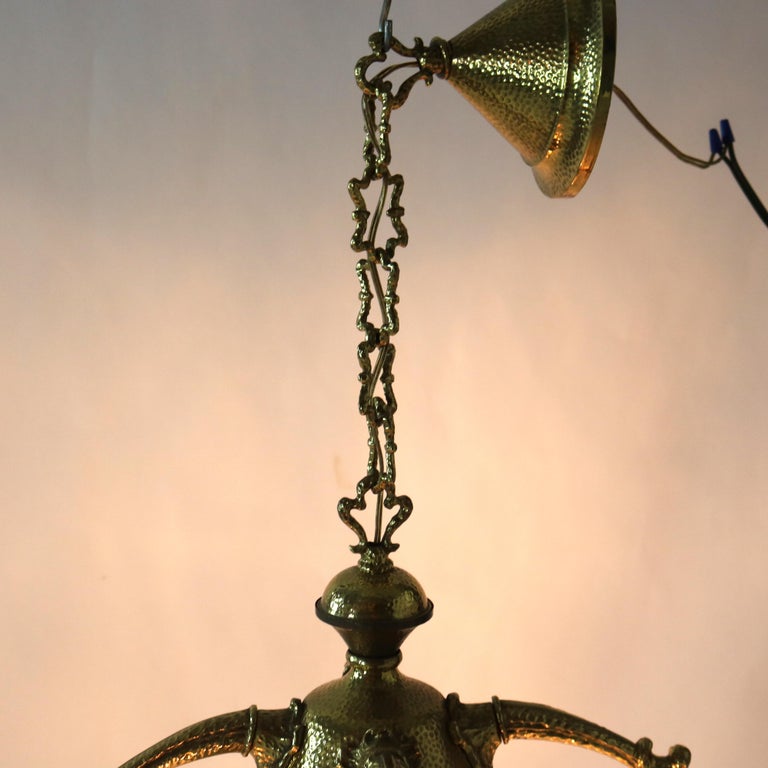 Antique Arts & Crafts Hammered Brass Chandelier with Glass Shades C1920