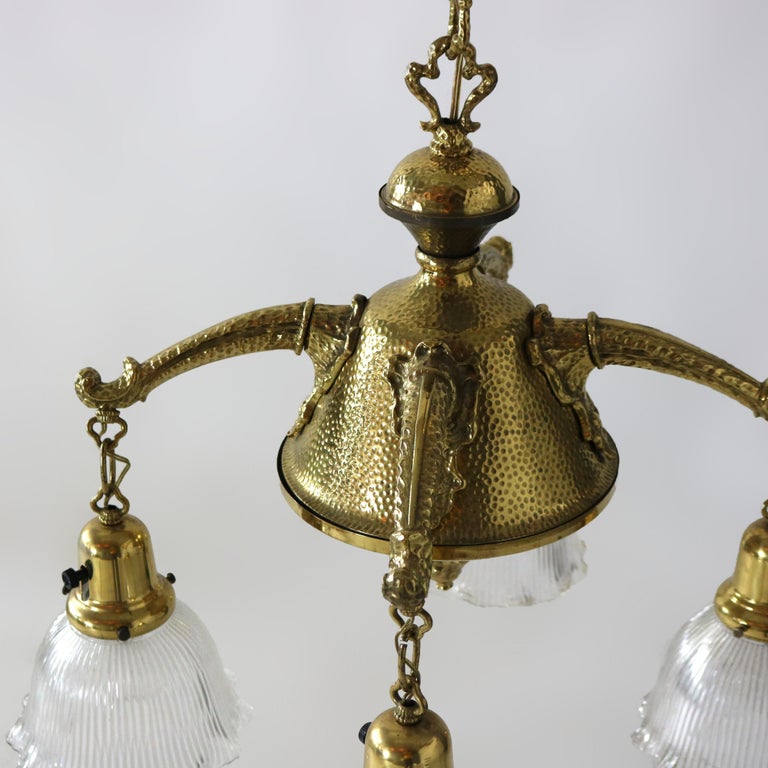 Antique Arts & Crafts Hammered Brass Chandelier with Glass Shades C1920
