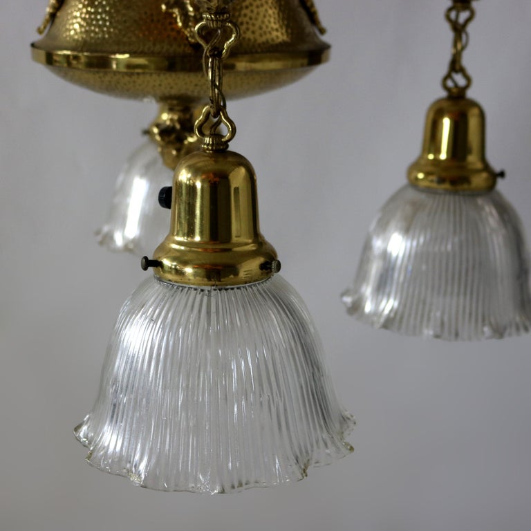 Antique Arts & Crafts Hammered Brass Chandelier with Glass Shades C1920