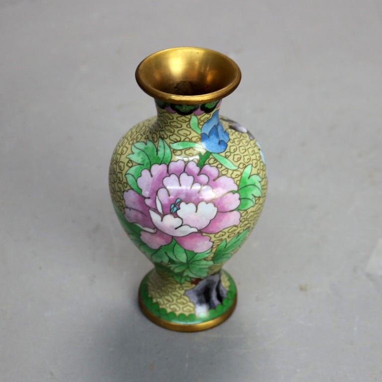 Antique Chinese Cloisonne Enameled Vase With Peonies 20thC