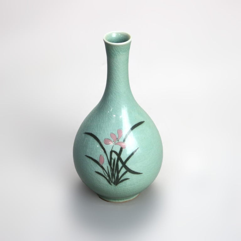 Antique Asian Celadon Pottery Bud Vase with Lily Signed Early 19thC