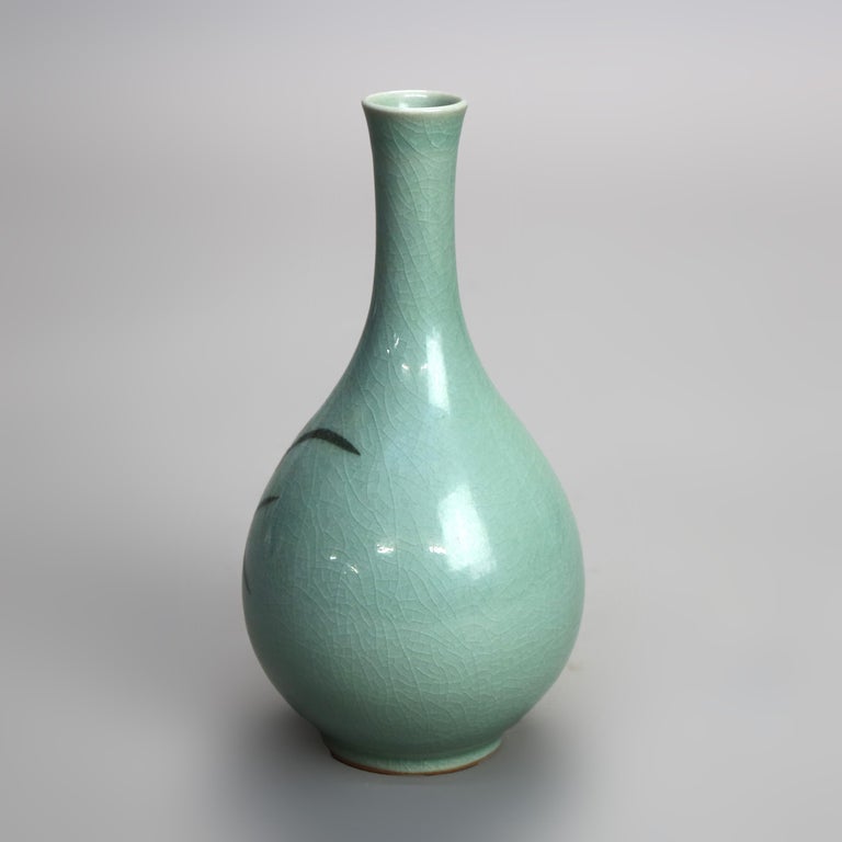 Antique Asian Celadon Pottery Bud Vase with Lily Signed Early 19thC