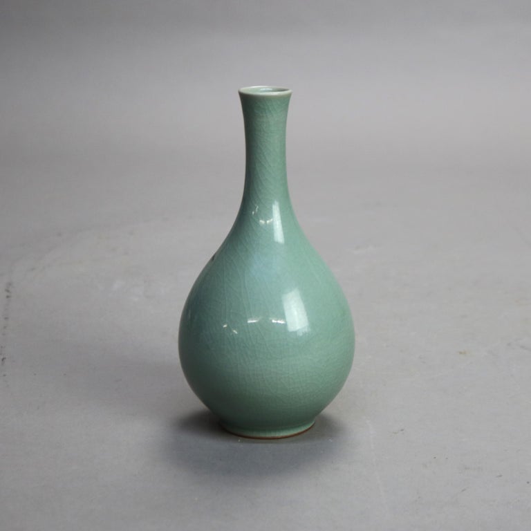 Antique Asian Celadon Pottery Bud Vase with Lily Signed Early 19thC