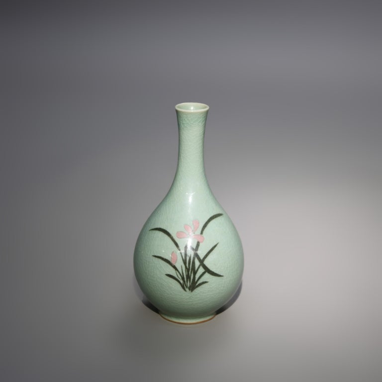Antique Asian Celadon Pottery Bud Vase with Lily Signed Early 19thC