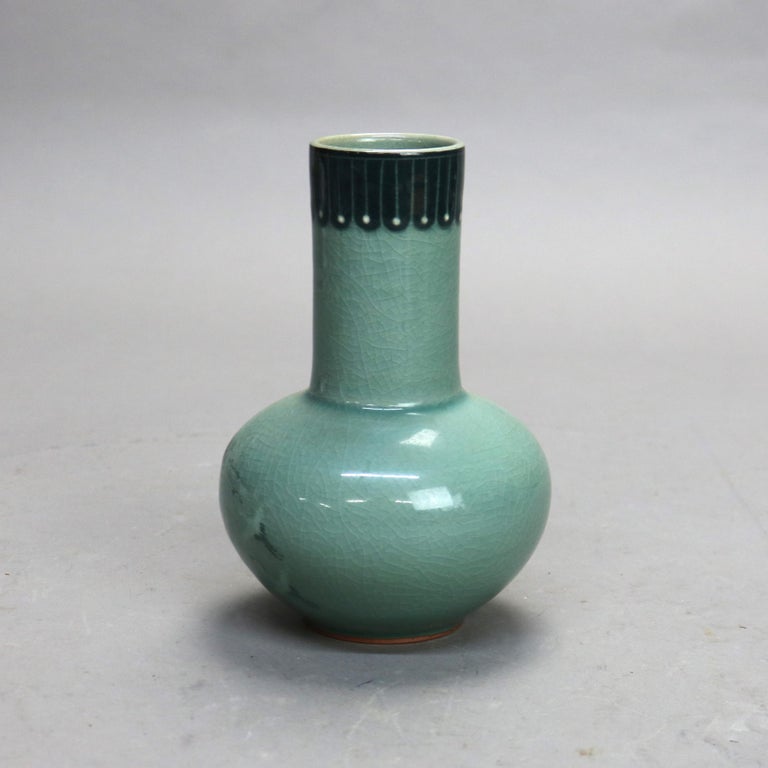 Antique Asian Celadon Pottery Bud Vase with Marsh Scene Signed Early 19thC