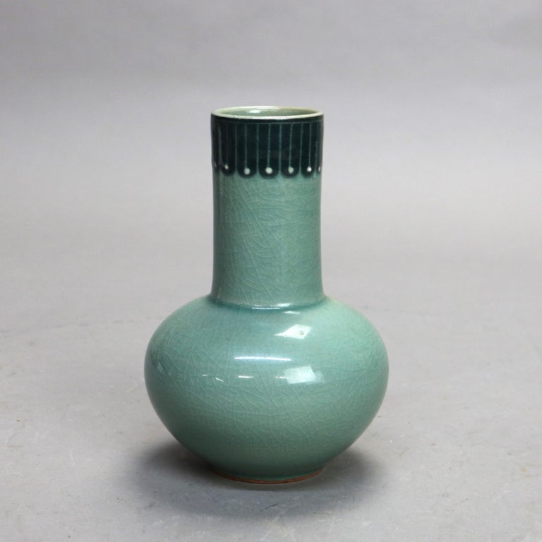 Antique Asian Celadon Pottery Bud Vase with Marsh Scene Signed Early 19thC