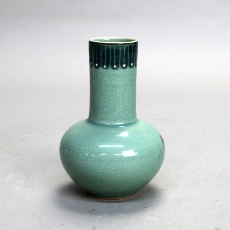 Antique Asian Celadon Pottery Bud Vase with Marsh Scene Signed Early 19thC