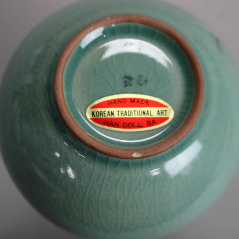 Antique Asian Celadon Pottery Bud Vase with Marsh Scene Signed Early 19thC