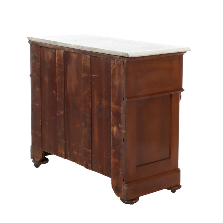 Antique Walnut 3-Drawer Marble Top Chest With Carved Medallions & Pulls c1890