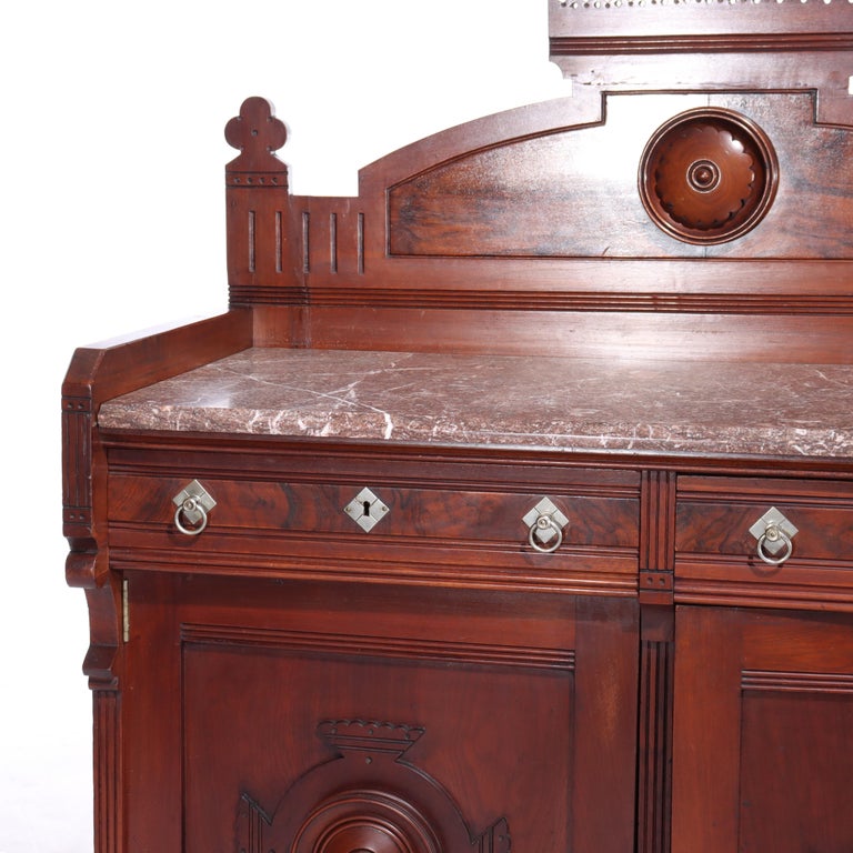 Antique Renaissance Revival Walnut & Burl Marble Top Sideboard C1890