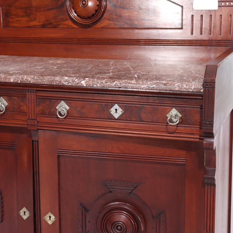Antique Renaissance Revival Walnut & Burl Marble Top Sideboard C1890