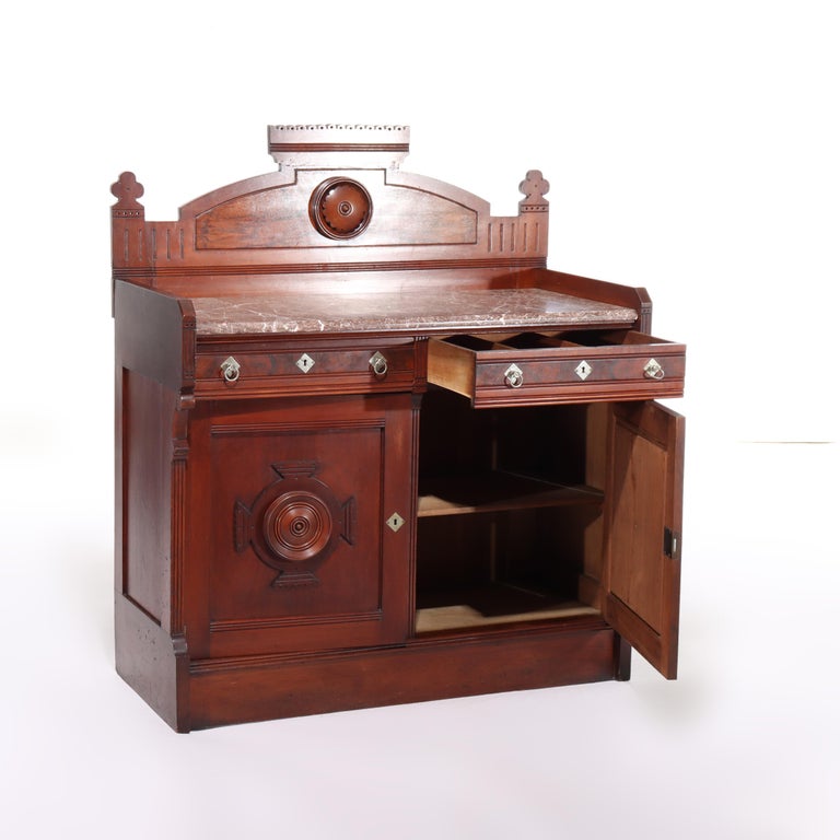 Antique Renaissance Revival Walnut & Burl Marble Top Sideboard C1890